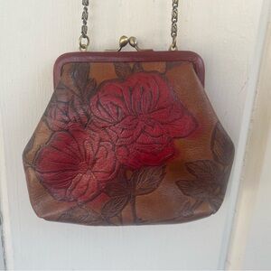 Small Leather Purse with Roses and Brass Chain